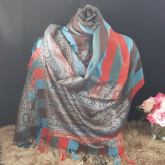 Blue & Red Striped Pashmina Shoulder Wrap with Silver Accents Pashmina & Silk - Picture 7 of 8